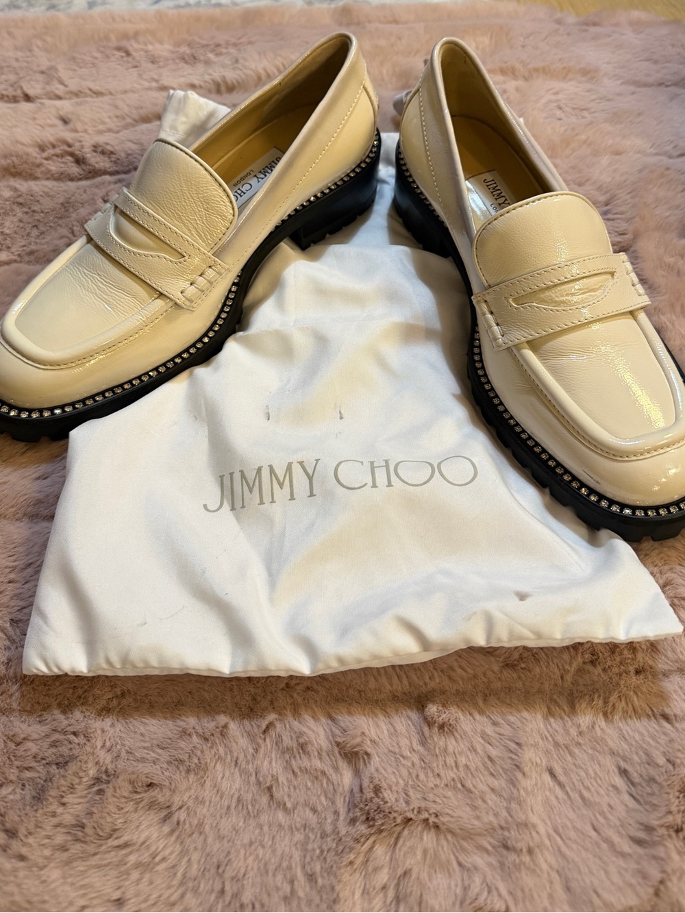 Jimmy Choo Ivory Patent Leather Loafers with Crystal-Studded Trim NWT dust bag
